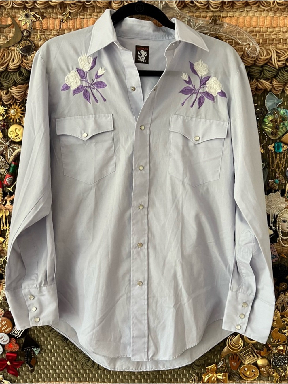 Vintage Karman Western Wear Button Down Short Floral Embroidery Mother of Pearl